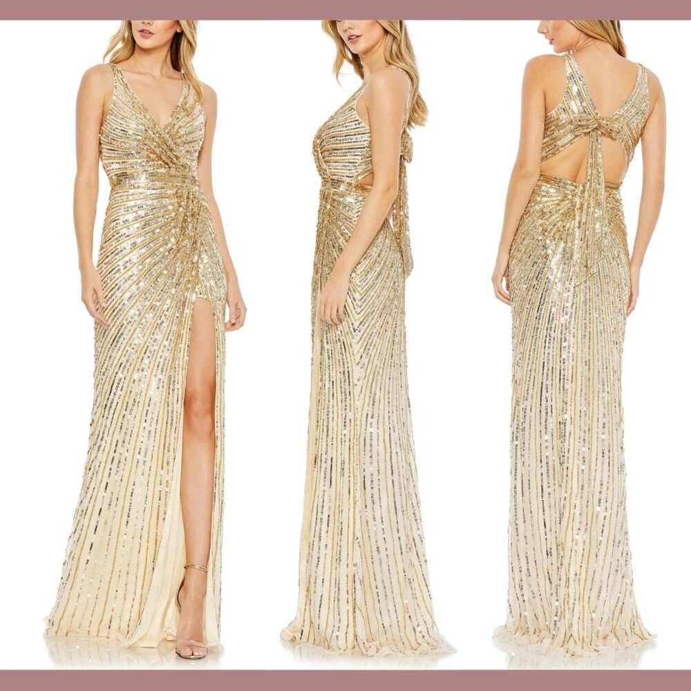 NWT $498 Mac‎ Duggal [ 2 ] Bow Back Sequined Faux Wrap Sleeveless Gown Gold
